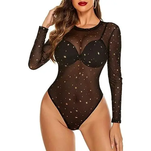 Women's Mesh Long Sleeve Bodysuit - Sheer Leotard with Geo Print Snap Crotch Round Neck Elegant Casual Top Perfect for Daily Wear Party Outing Comfortable Stretchy Fashion Bodysuit Women's Mesh Long Sleeve Bodysuit - Sheer Leotard with Geo Print Snap Crotch Round Neck Elegant Casual Top Perfect for Daily Wear Party Outing Comfortable Stretchy Fashion Bodysuit