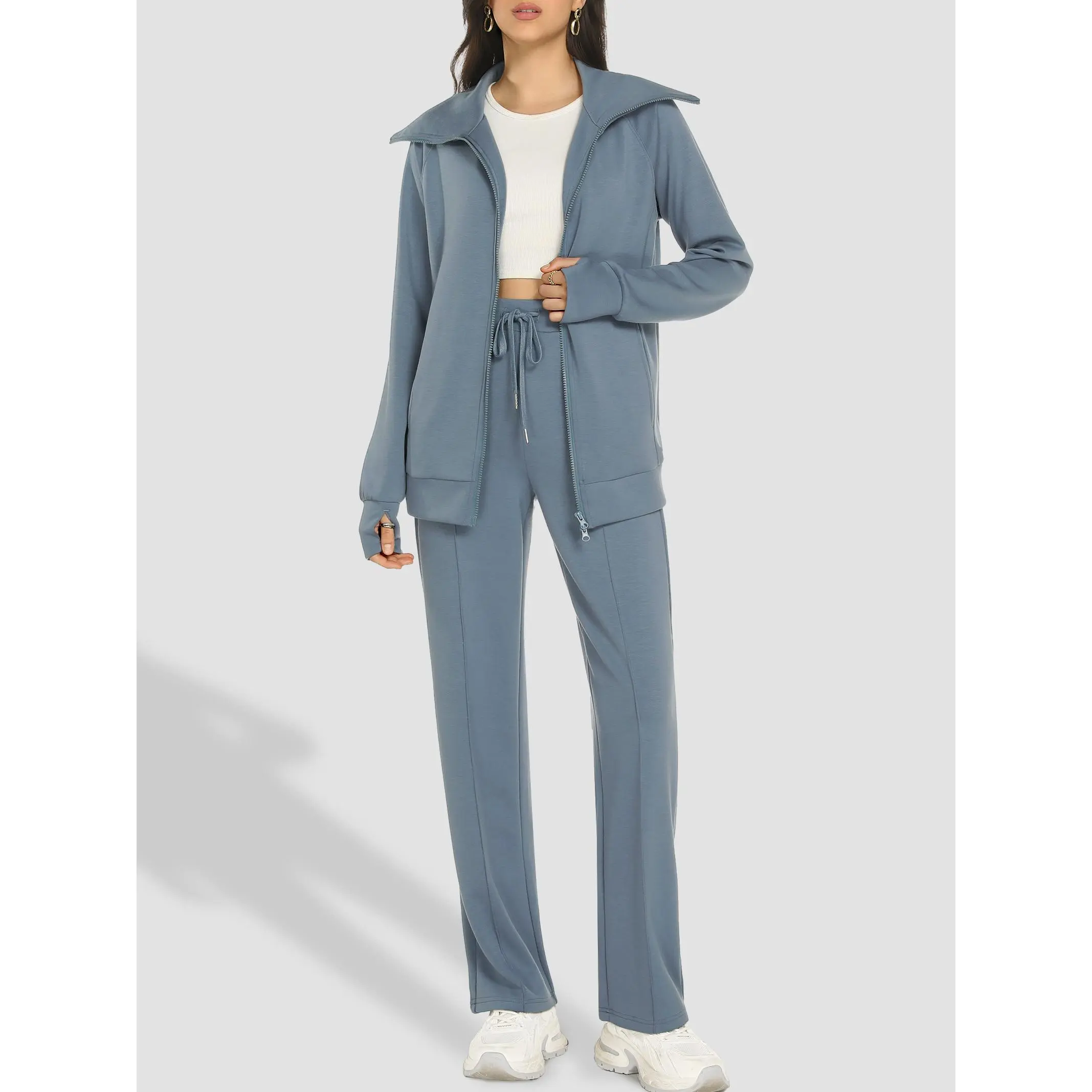 Women's Solid 2-Piece Lounge Set, Soft Athleisure Tracksuit with a 2-Way Zip Sweatshirt and Wide-Leg Pants with Pockets, Women's Clothes, Two Way Zip