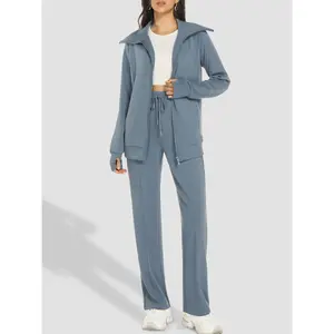 Casly Lamiit Women's 2-Piece Yoga Tracksuit Set, Soft Breathable Long-Sleeve 2-Way Zip-Up Sweatshirt, Wide-Leg Sweatpants, Plain Multi-Size Versatile Outfit for Travel, Lounging,summervibes outdoorfun