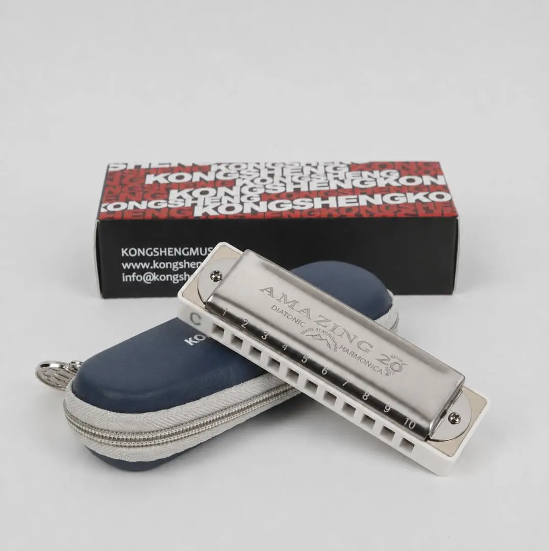 KONGSHENG AM20 10-Hole Diatonic Harmonica- Blues Harp with Phosphor Bronze Reeds, Chrome-Plated Reed Plates & Moisture-Resistant Comb for Beginners & Pros