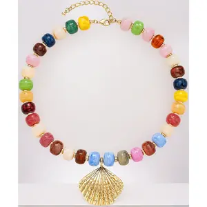 Women colorful chunky beaded starfish shell necklace boho summer beach chain choker with acrylic beads trendy jewelry gift