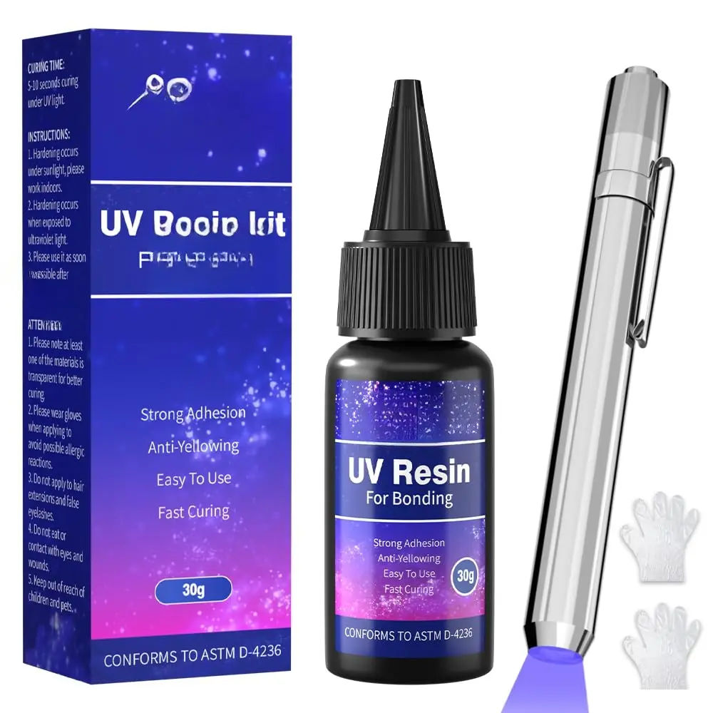 UV  Kit with Light, Fast Drying UV , Bonding & Repairing in Seconds, 30g/1oz Clear UV Glue with UV Penlight for , Plastic, Glass,
