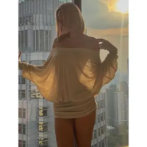 Transparent Ruched Party Dress, Off Shoulder Long Sleeve Mini Dress