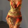 Women's All-Over Print Backless Cami Bodycon Dress, Fashion Style Halter Neck Dress with Draped Ring-Linked Detail and Ruffle Split-Thigh Hem, Slit Design for Summer, Perfect for Beach Holidays, Vacations and Party, Summer Dresses for Women Fabric