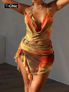 women's all over print backless sleeveless cami dress, fashion draped ring linked split thigh halter dress for summer, ladies clothes for beach holiday, dresses for women, summer dresses, womenswear, cozy fabric