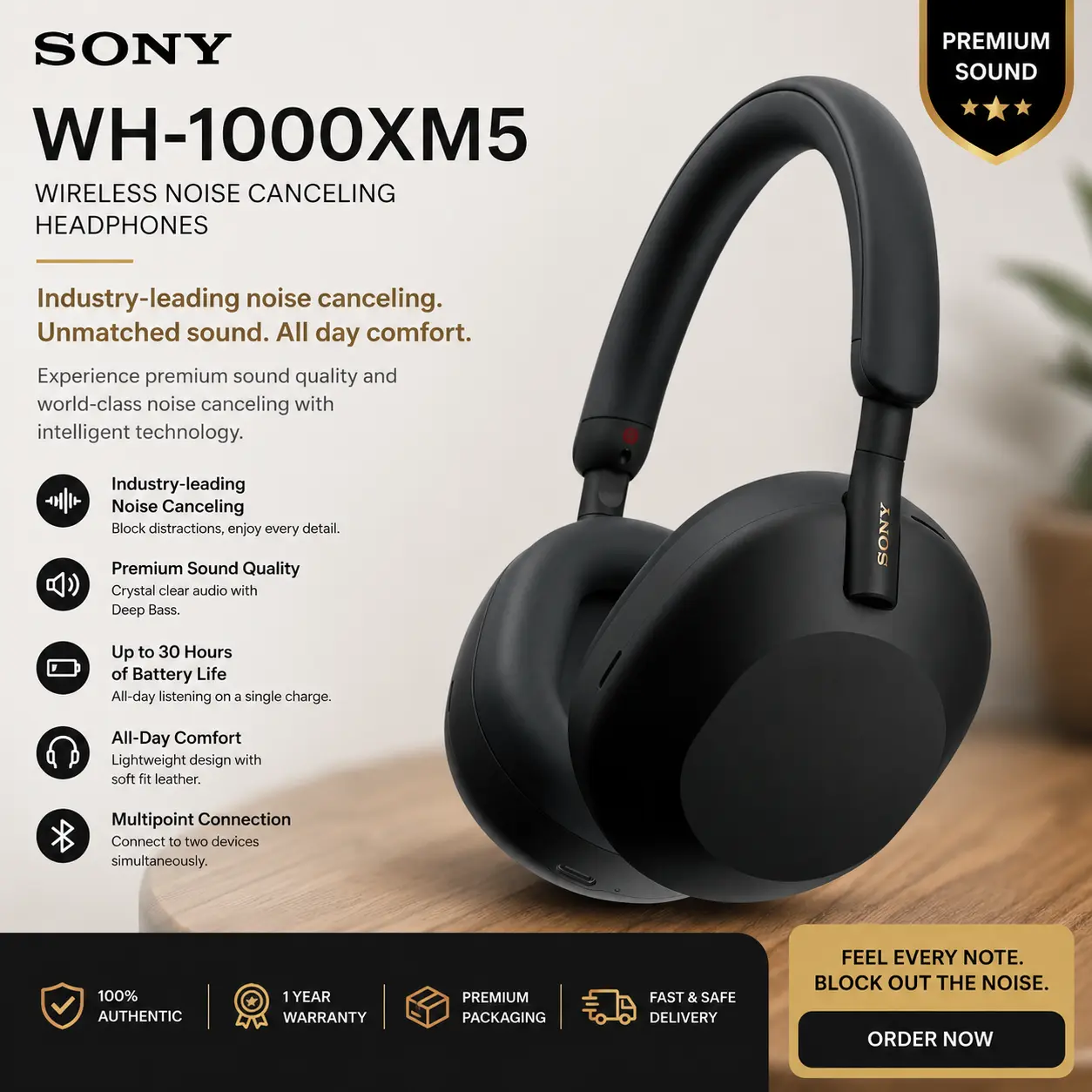 SONY WH-1000XM5 Over-Ear Wireless Bluetooth Headphones, Active Noise Cancellation, High-Quality Audio