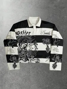 Men's Streetwear Graphic Long Sleeve Crop Top, Sweatshirt, & Striped Design, Fitted Round Neck Casual Wear for Fall & Winter