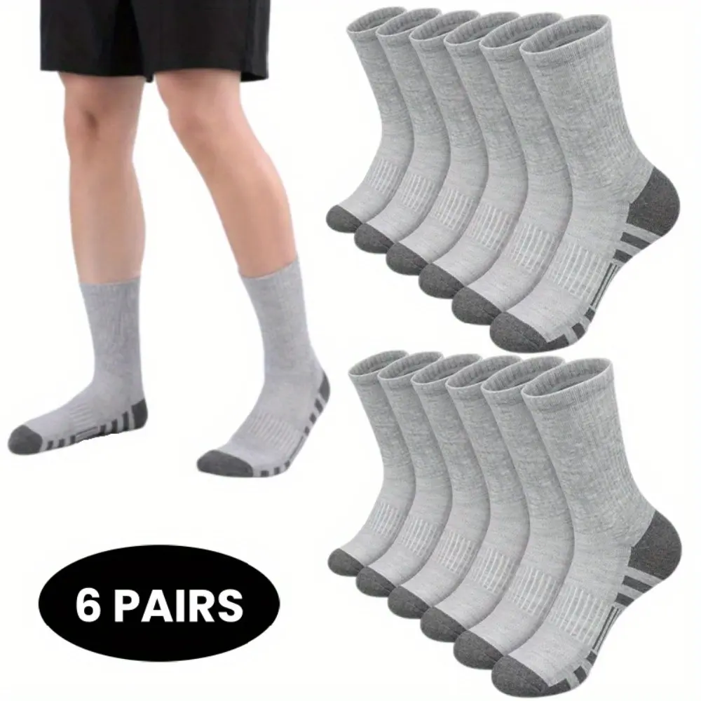6 Pairs Athletic Crew Socks for Men & Women, Plain Breathable Fabric with Cushioned Arch Support, Moisture-Wicking for Running