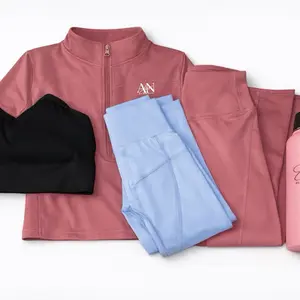 Gym Bundle - Pink Zip-Up Jacket, Blue Leggings, Black Crop Top, Pink Water Bottle, Complete Workout Set Combo