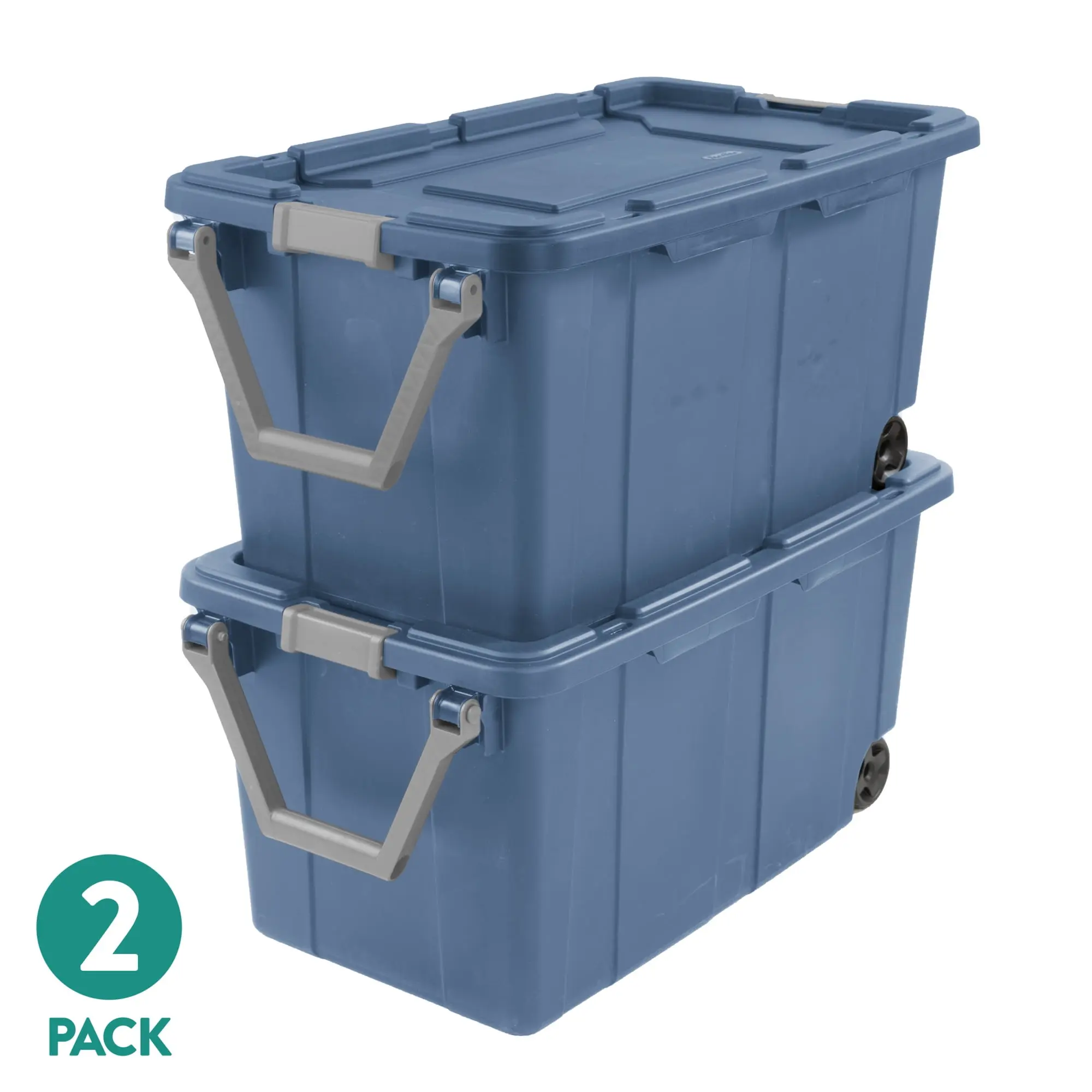Sterilite Extra-Large Wheeled Industrial Storage Bin, 40 Gallon Durable Plastic Storage Tote with Latching Lid and Pull Handle, Blue, 2 Pack