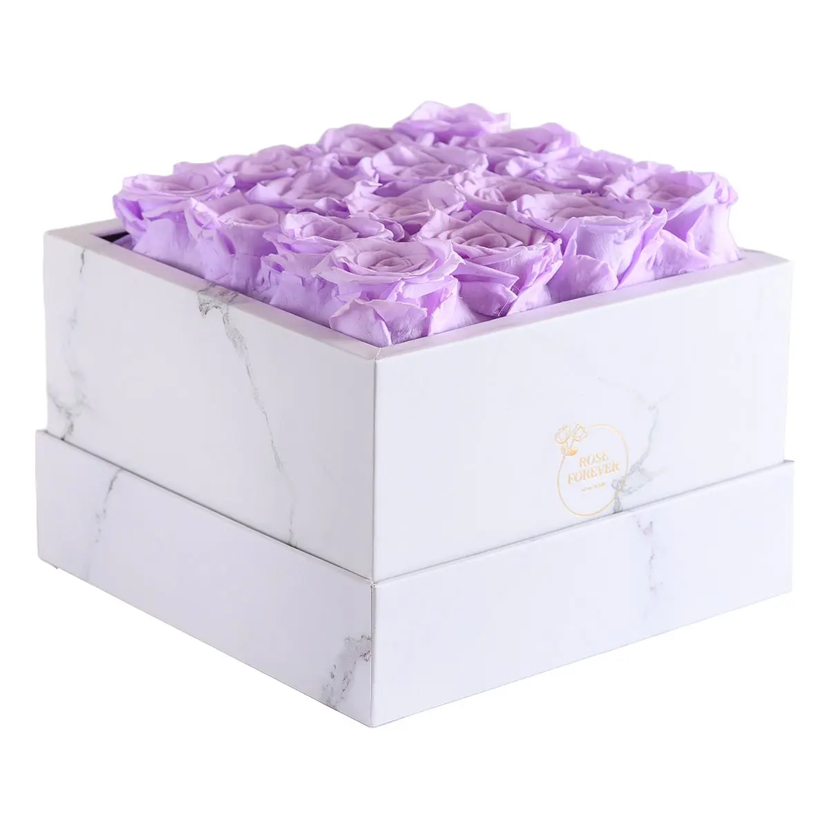 16 Lilac Artificial Roses in White Square Marble Box, Decorative Flower Arrangement for Home Decor, Gift-Worthy Artificial Flower Box