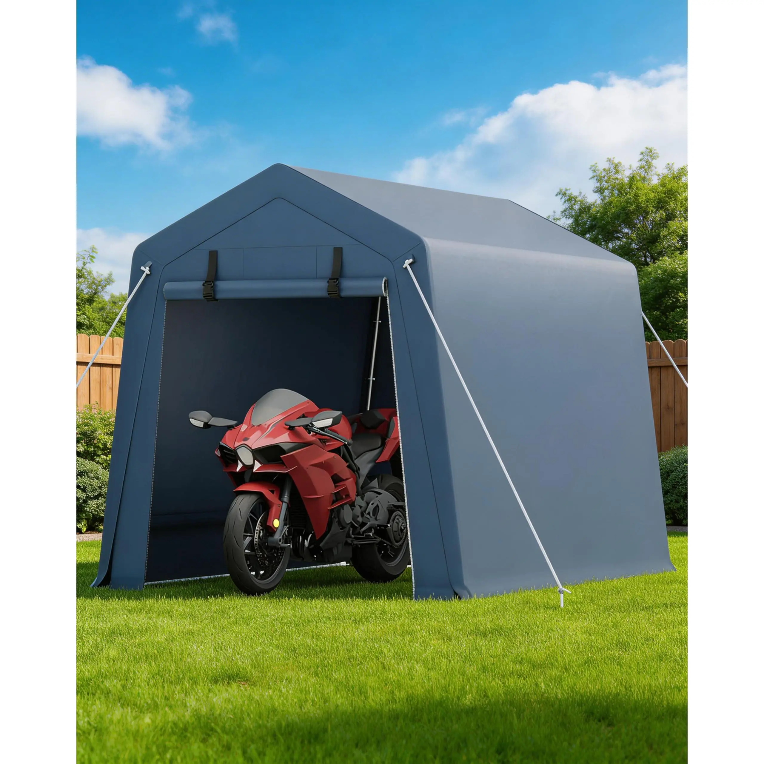 Garvee 6x8FT Motorcycle Shelter - Heavy-Duty Steel Frame, Weatherproof PE Fabric Cover, All-Weather Protection, Easy Assembly, Compact Storage for Bikes