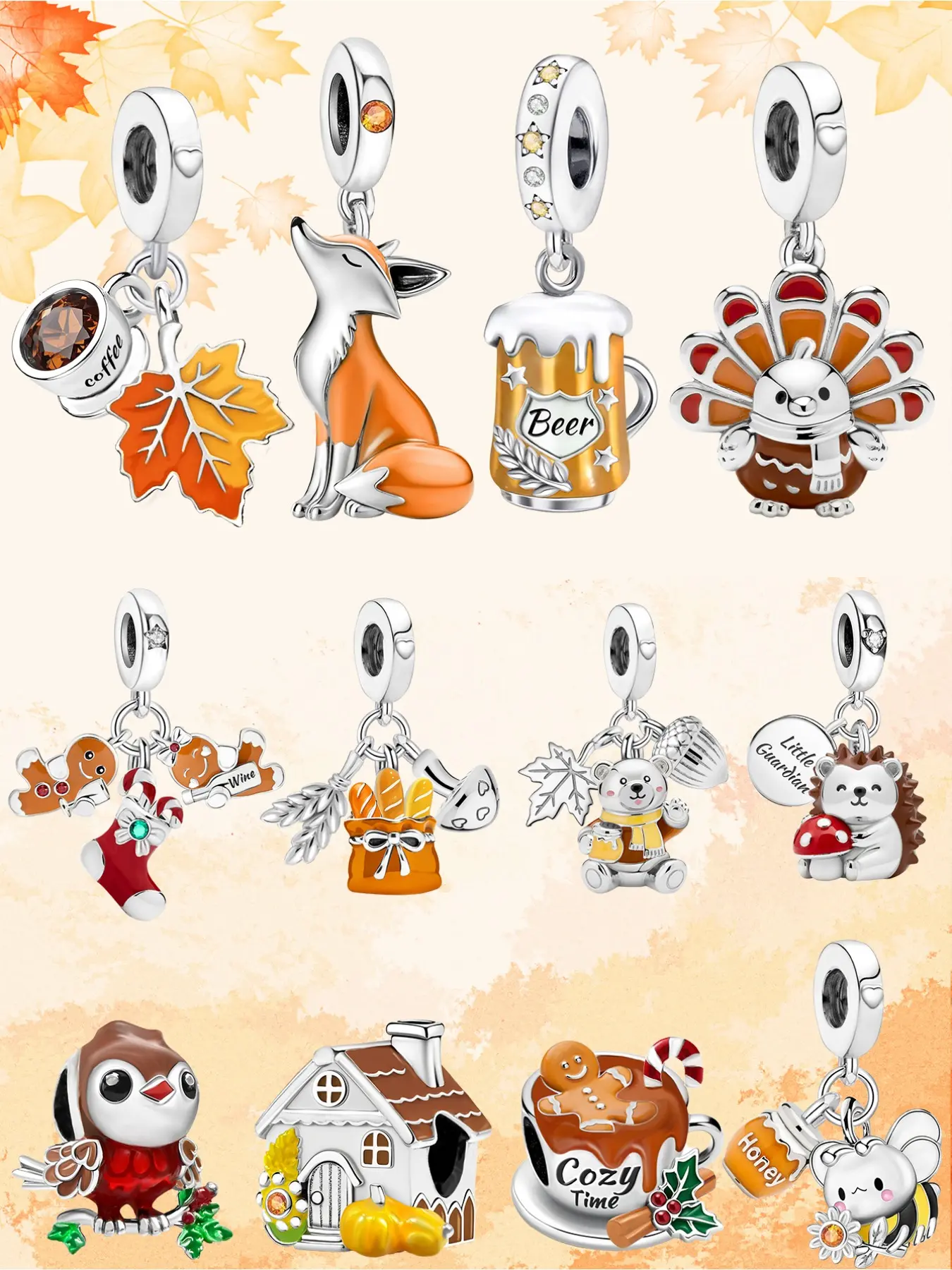 1PC New Original Golden Autumn Christmas Series Maple Leaves Fox Turkey Beer Christmas Stockings Gingerbread Man Bead Pendant Thanksgiving Christmas Beads and Pendant Designer Bracelet Making DIY Charm Jewelry Gift Ladies Daily Wear Animal Pendant