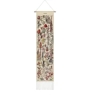 Vintage Tapestry 52 x 13 Inch, Long Vertical Wall Hanging Reference Illustrative Botanical Tassel Tapestry for Bedroom Living Room Home Decoration(Flower)