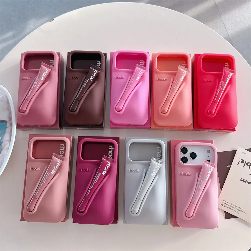 Cute Rhode Makeup Phone Case with Built-In Lip Gloss Storage for iPhone 11 12 13 14 15 16 17 Pro Max, Soft Silicone Protective Cover, Stylish Beauty Accessory for Everyday Travel