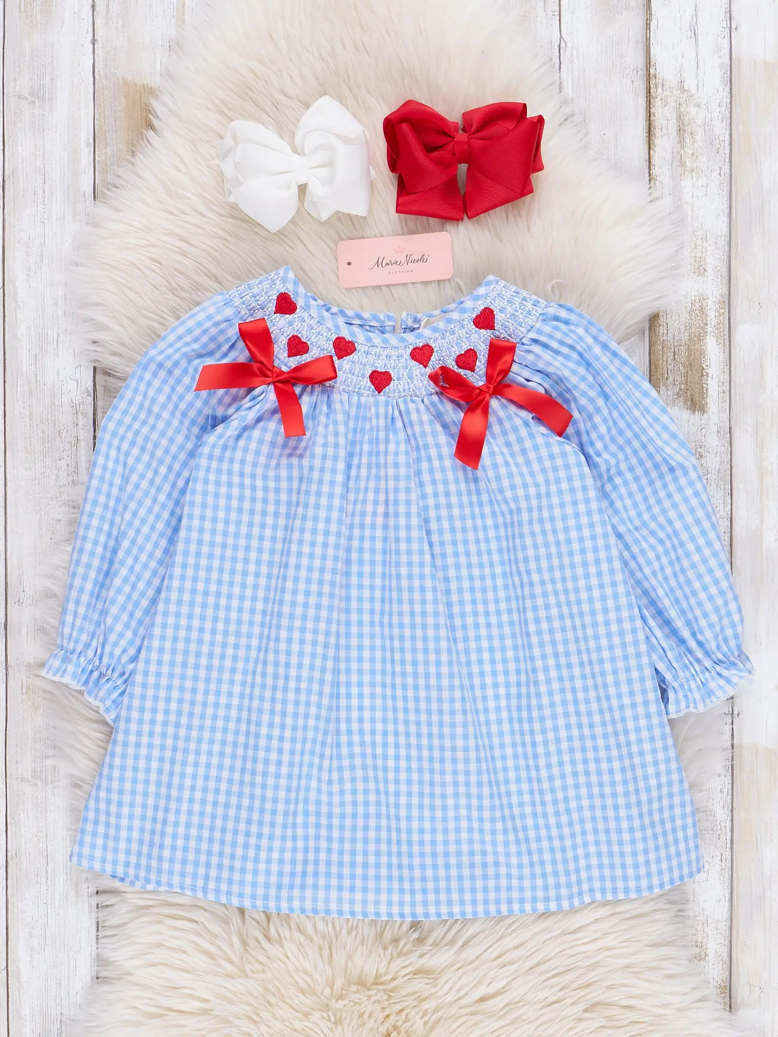 Blue Gingham Smocked Hearts Dress