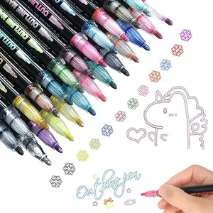 Double Line Outline Pens, 24 Colors Outline Markers Outline Metallic Markers Pen for Highlight, Art, Drawing, Greeting Card, Xmas Cards, Scrap Booking, Posters