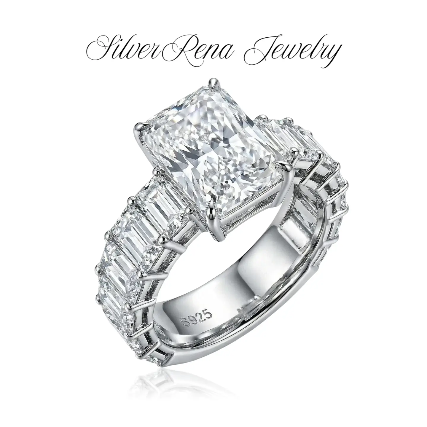 S925 Sterling Silver 5.0CT Square-Cut 5A CZ Lab-Created Moissanite Ring - Female Adults' Glamorous Luxury Romantic Artificial Gemstone Jewelry for Anniversary Birthday Gifts