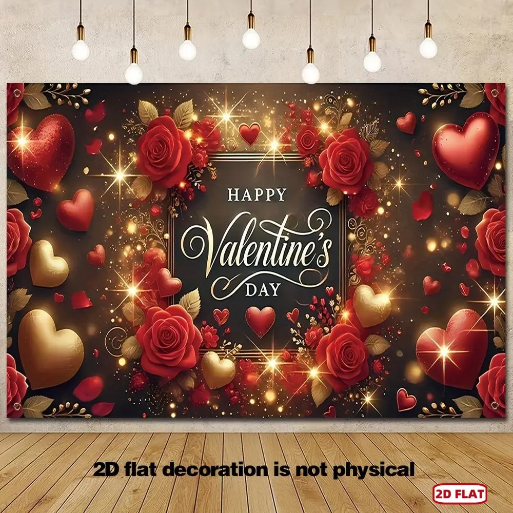 Romantic Red Roses & Golden Hearts Shimmer Wall Backdrop Banner - 243.84x182.88 cm Polyester Decor, Valentine's Day Party Decoration Supplies, Indoor Photo Backdrop for Romantic Ambiance