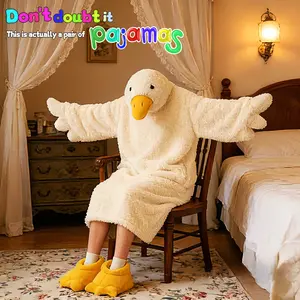 Funny Duck Costume Onesie Set, Fleece Lined Thickened with Sleep Robe & Duck Foot Shoes, Soft Cute Lazy Baggy Pajamas, Party