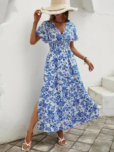 Women's Floral Print V-Neck Dress, Bohemian Style Beach Spring Summer Fashion, Elegant Fitted Comfortable Design, Casual Wear, Stylish Women's Clothing, Waist Cinched A-Line Skirt