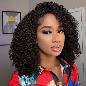 [Glueless Half Wig] Midulla Kinky Curly Half Wigs Human Hair Invisible Hairline Wear and Go Glueless Short Curly Human Hair Wigs for Women Beginner Friendly Upgraded Drawstring Cap Vacation Hair Springtok