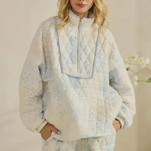 Cozy Quilted Half-Zip Sweatshirt for Women - Soft Plush Fabric, Stylish Patchwork Design, Perfect for Loungewear and Casual Wear