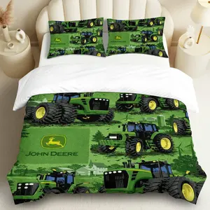 3PCS Duvet Cover Set, 1 Duvet+2 Pillowcases(Without filler), Tractor Farm Green Theme, Christmas Bedding Set, John Deere Bedding Suitable for Decoration Bedroom, Guest Room, Cabin, Lodge