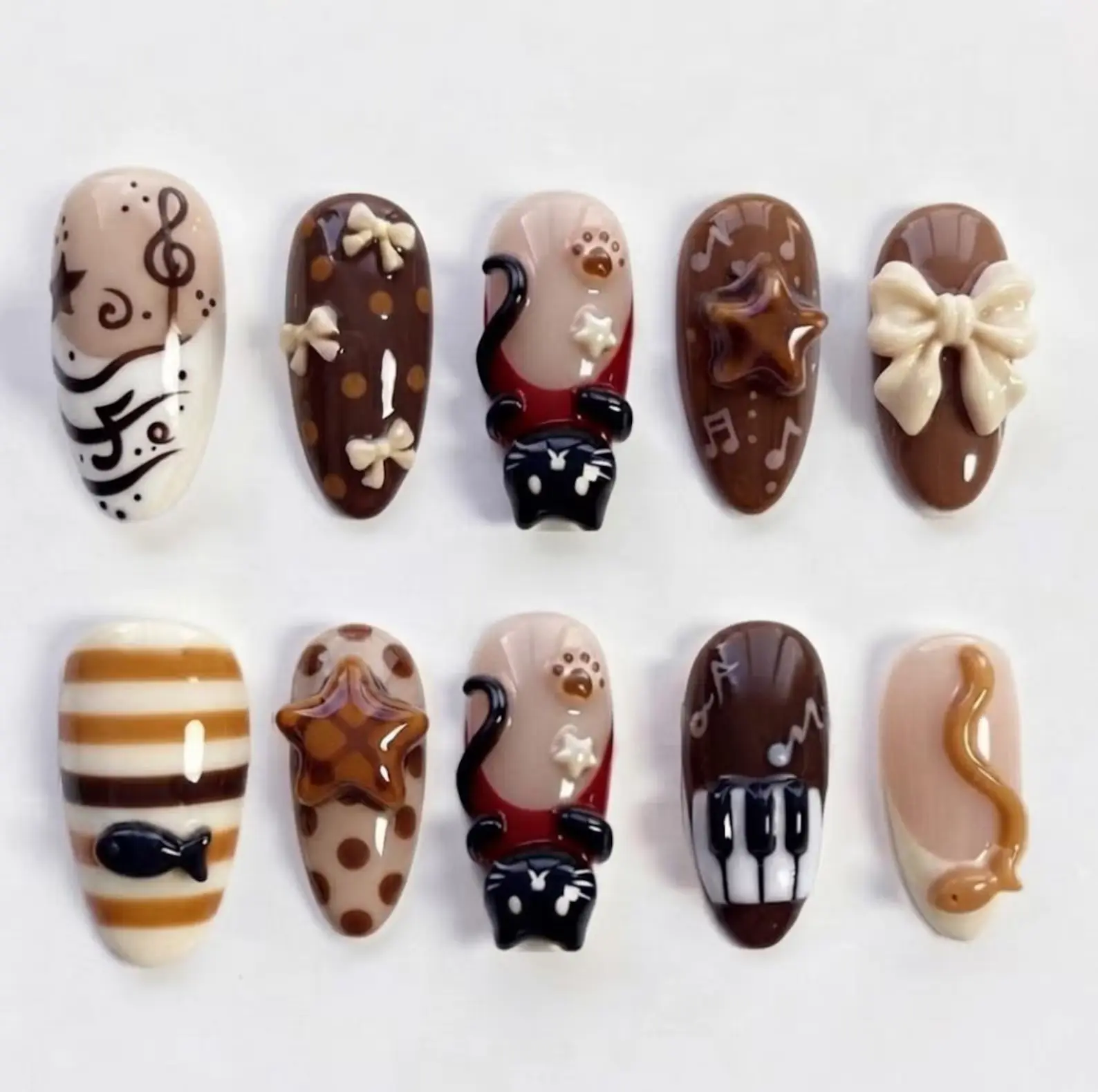 Handmade Playful Cat & Musical Instrument Press On Nails | 3D Animal Keyboard Art | Unique Artistic Fake Nails Set