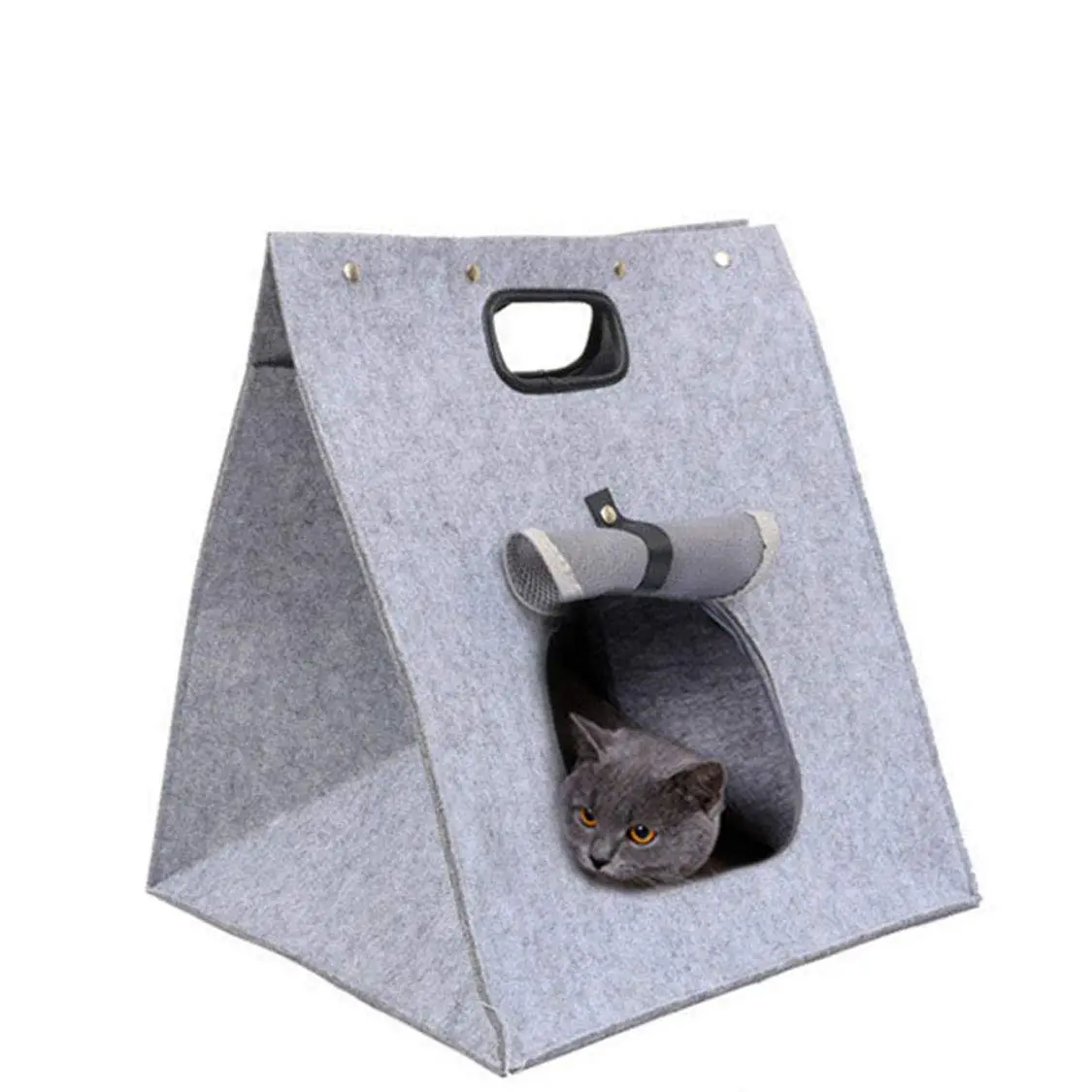 2 in 1 Foldable Felt Pet Cat House Carrier Bag, Portable Triangle Cat Cave Bed with Scratching Tube, Convertible Travel Handbag Kennel for Small Cats Kittens