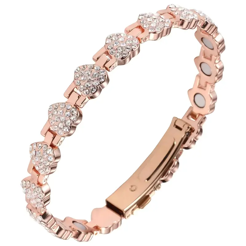 Women's Pure Copper Magnetic Bracelet, Heart-Shaped Charm Bangle with Cubic Zirconia, Adjustable 3800 Gauss Energy Bracelet for Fashion, Adjustable Stack Bangle, Rhinestone Decorated Bangle