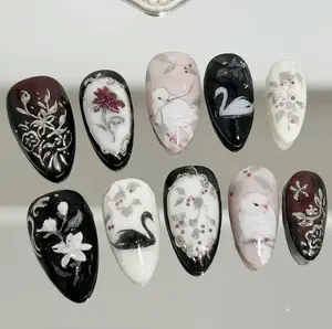 Elegant Nails With Swans, Birds, Flowers And Vintage Floral Motifs In Black, White And Soft Pink Shades Creating A Romantic Hand Painted Artistic Design