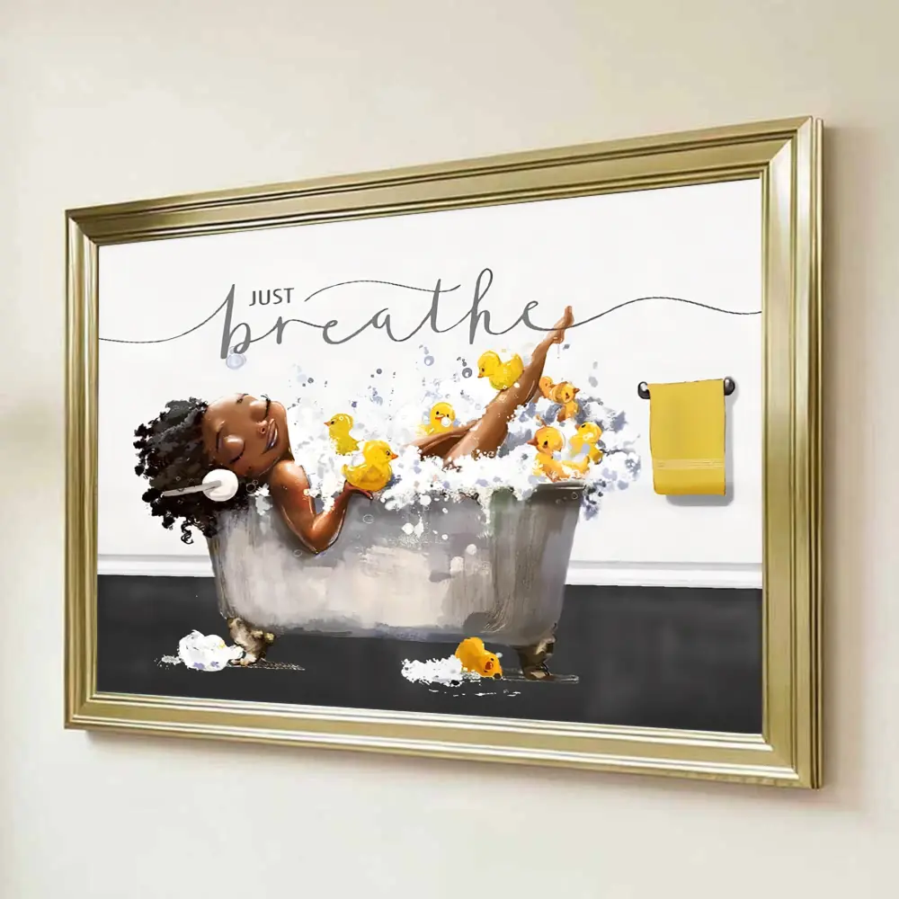 1pc Gold Decorative Frame Print - "Just Breathe" Inspirational Black Woman in Bathtub with Rubber Ducks Canvas Art, Framed Illustrated Prints for Bathroom, Bedroom Home Decor, Decorative Frame Prints