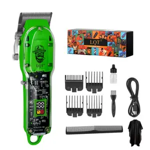 LQT Futuristic Green Transparent Shell Hair Clipper, High-Power Cordless Trimmer with Digital Battery Screen, Complete Men's Grooming Set with Full Barber Accessories