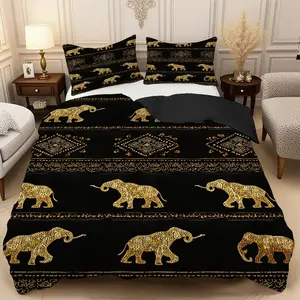 2/3 Pcs Golden Elephant Pattern Design Duvet Cover Set,High-Definition Digital Printed Bedding Set(1* Duvet Cover+1/2* Pillowcase,No Filling)100% Polyester Fiber Soft,Breathable Bedroom,Guest Room Decoration,Machine Washable,Perfect Holiday Gift