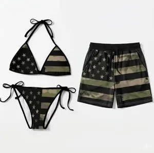 Camo Matching Couple Swimwear Set 4th of July USA Flag Stars Stripes Camouflage Bikini & Mesh Shorts Gift for Couples Red Gingham Beach Set