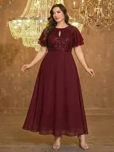 Elegant Plus Size Chiffon Sequin Dress, Round Neck Hollow Out Design, Perfect for Special Occasions, Fashionable Big Size Clothing