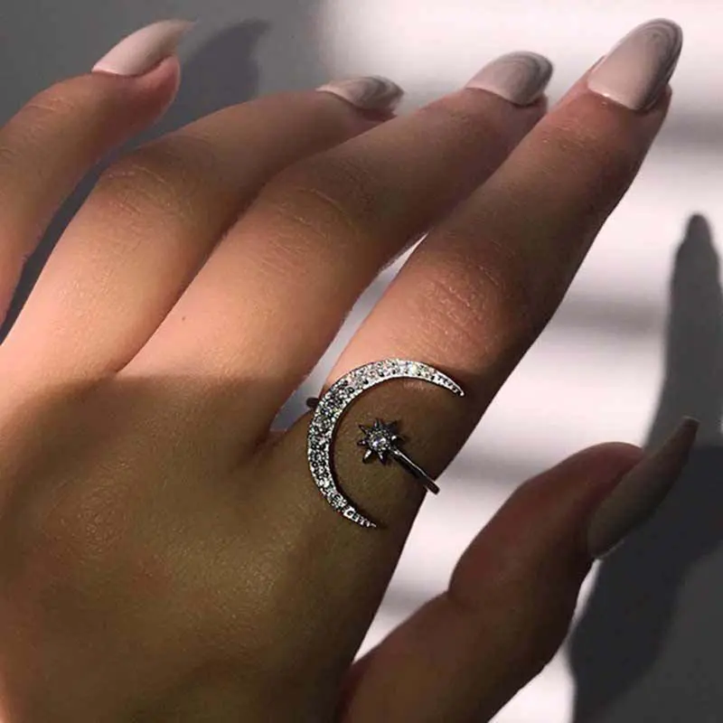 Women's Elegant Artificial Zircon Ring - Darcy Crescent Moon-Star Design, Adjustable Open Metal-Coated Band, Sparkling Stones, Daily Wear Adults' Jewelry, Anniversary Gift, Elegant Fashion Ring