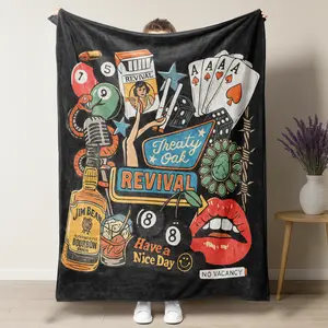 Treaty Oak Revival Vintage Americana Plush Blanket,Retro Rock & Roll Room Decor,Soft Bourbon & 8-Ball Throw- All-Season Sofa Bedroom Dorm Couch Office Car Travel Home Bedding