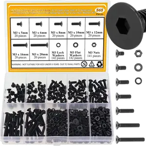 565 count M3 Screws Nuts Washers Set Black,  M3 x 5/6/8/10/12/16/20mm Countersunk  Socket Cap Screws Nuts Washers Assortment Kit, 10.9 Grade Alloy Steel, Fully Threaded
