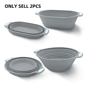 Silicone Banneton Bread Proofing Basket Set, Round & Oval Foldable Sourdough Proofing Basket, Bread Making Tools for Home Kitchen, Baking Utensils Supplies