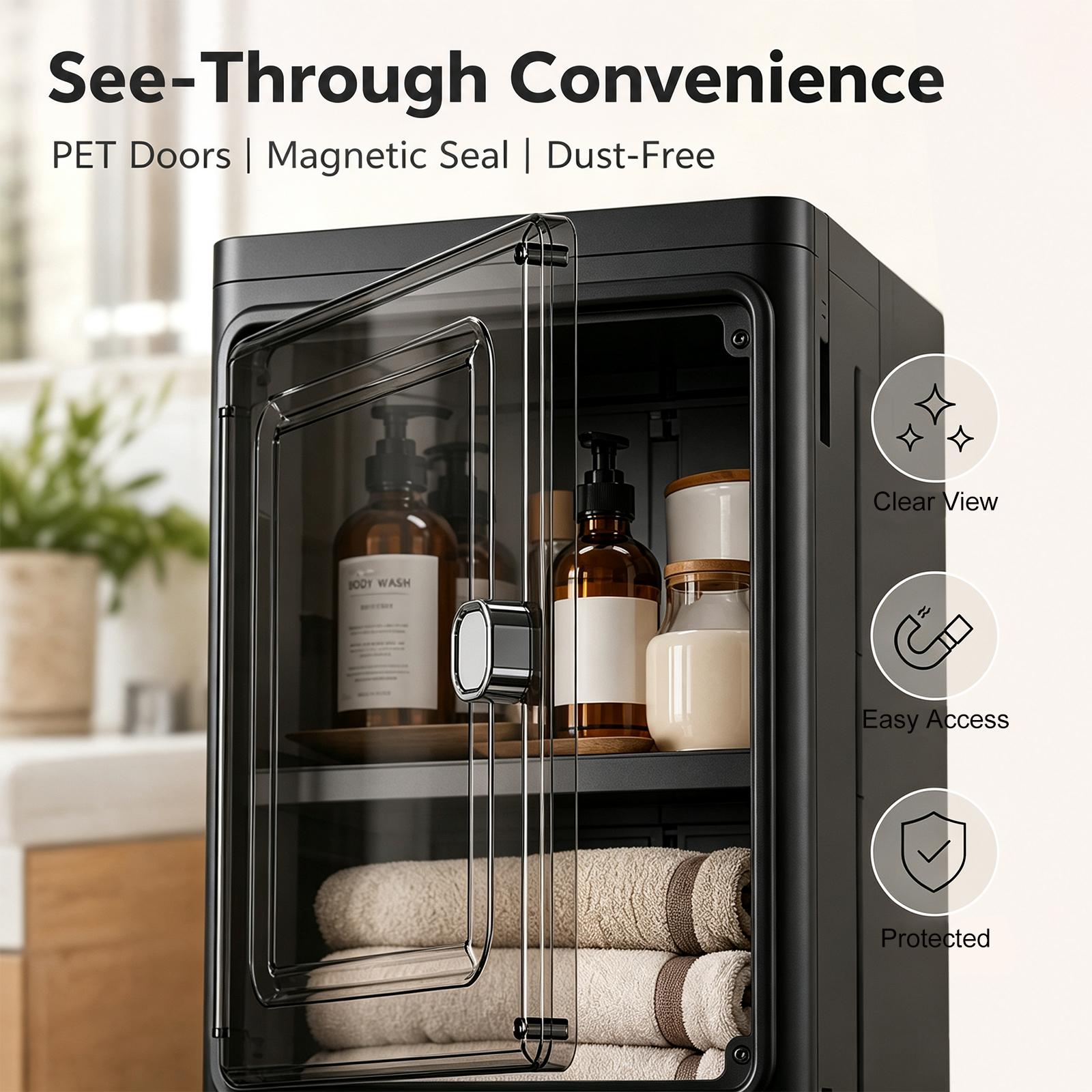 Slim Narrow Foldable Storage Cabinet, Magnetic Transparent Door Tall Organizer with Rolling Lockable Casters, Adjustable Layer Plastic Cabinet for Kitchen Gaps, Bathroom & Laundry Room Home Storage