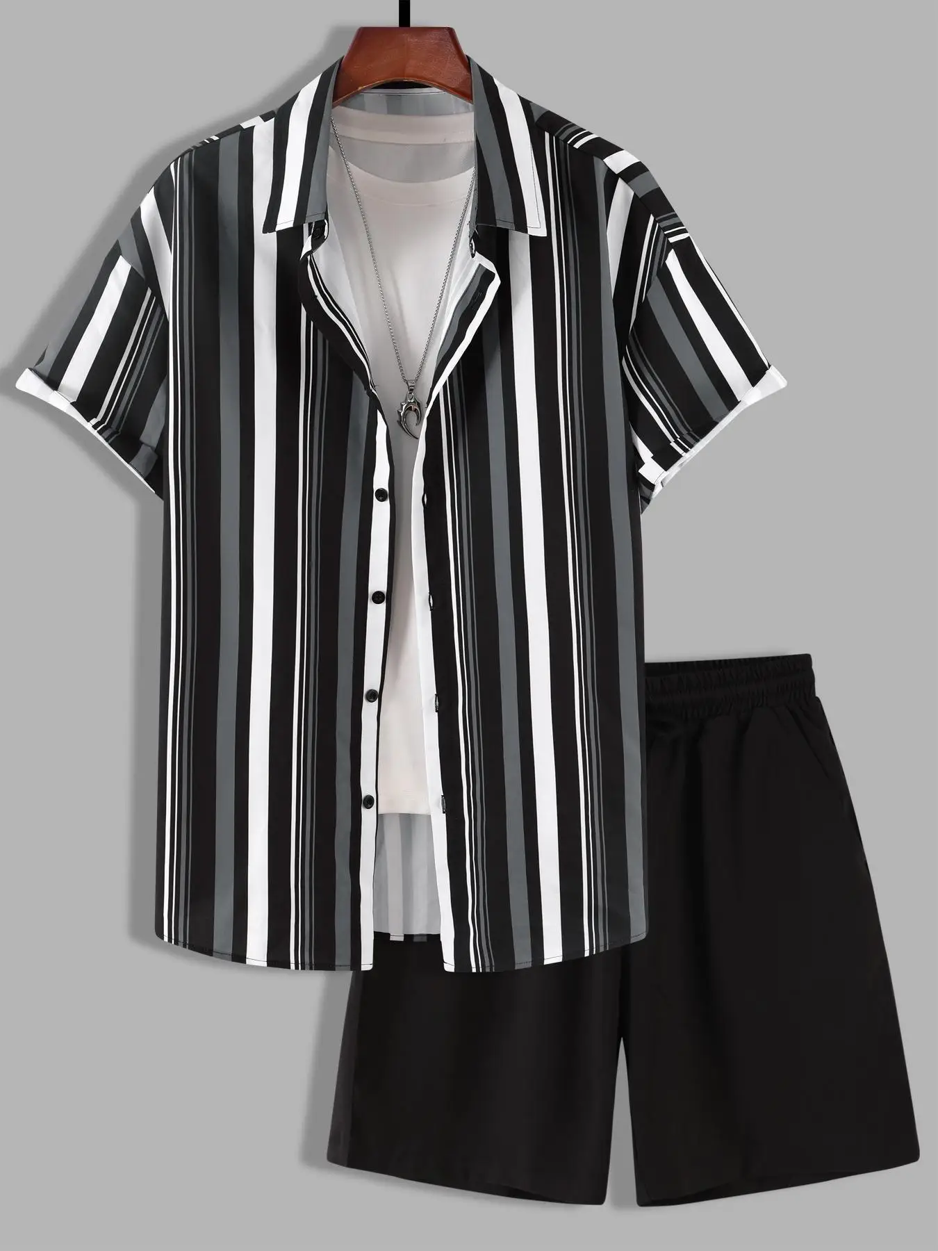 Men's Striped Print Button Front Shirt & Drawstring Waist Shorts, Men's Designer Outfits Set, Regular Fit Streetwear Printed Short Sleeve Collared But