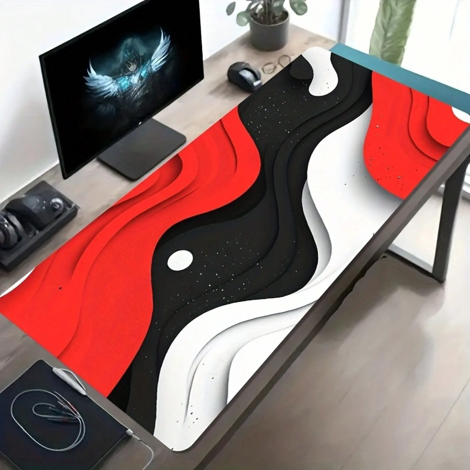 2D/3D Layered Wave Art,Non-Slip Rubber Base,Red-Black-White Wave Surface,Computer Mouse Pad,Suitable For Gamers And Tech Enthusiasts Desk Pad Non-Slip Large Size