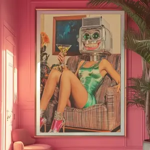 Retro Robot Woman Art Print – Futuristic Pop Surrealism Wall Decor, Quirky Collage Poster O
