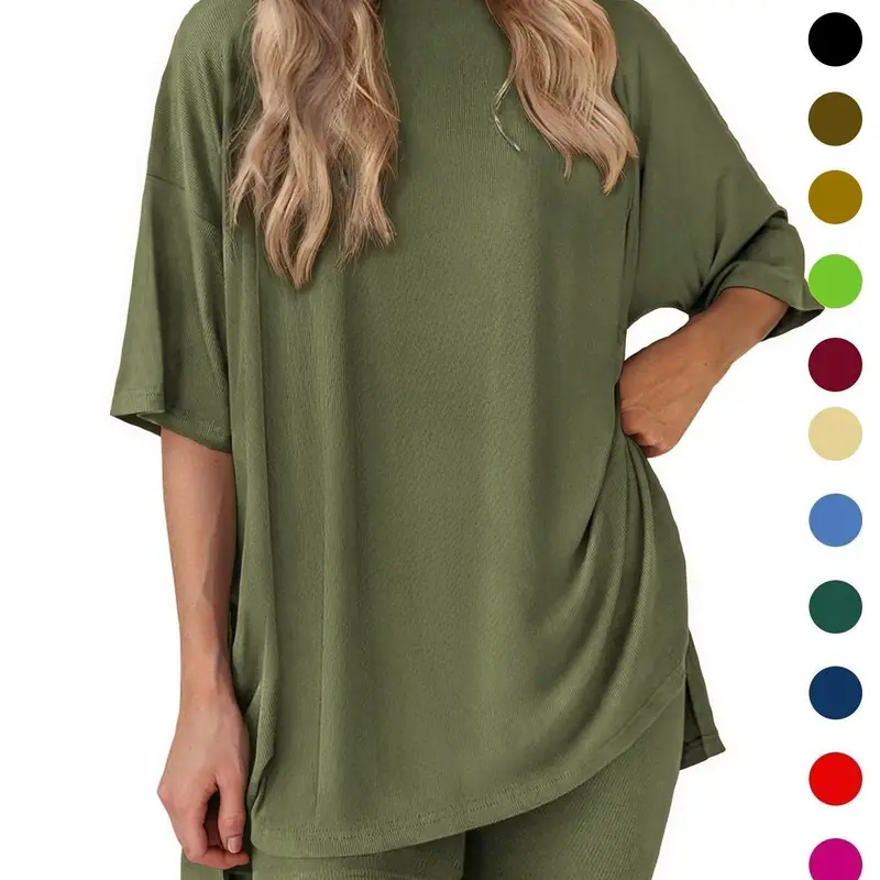 Women's Solid Color T-Shirt and Tight Shorts Set Loungewear, Summer Comfort Round Neck Pajamas Nightwear, Pocket Design, Suitable for Outdoor Wear