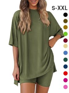 Women's Solid Color T-Shirt and Tight Shorts Set, Summer Comfort Round Neck Pajamas, Pocket Design, Suitable for Outdoor Wear