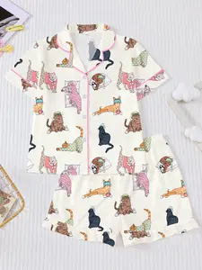 Adorable Multicolor Cat Print Kids Sleepwear Pajamas 2 Piece Set, Short Sleeve Shorts, Fire Retardant Button Front Design, Casual Wear for Boys & Girls