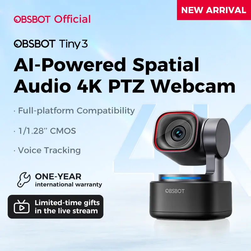 OBSBOT Tiny 3 AI-Powered Spatial Audio 4K Webcam, AI Tracking PTZ Camera with 1/1.28" Sensor, Tri-Mic, Voice & Gesture Control, 120FPS, HDR, Web Cam for PC, Laptop, Streaming, Meeting, Switch 2