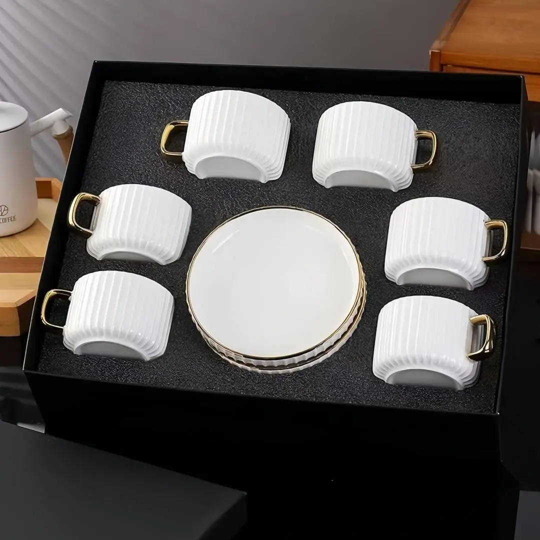 Ceramic Coffee Cup & Saucer Set, Coffee Cups Sets, 12pcs/set Modern Striped Pattern Cup & Saucer with Handle, Drinking Supplies for Home Office Use, Ceramic Tea Cup, Stylish Drinkware, Coffee Cups Gift